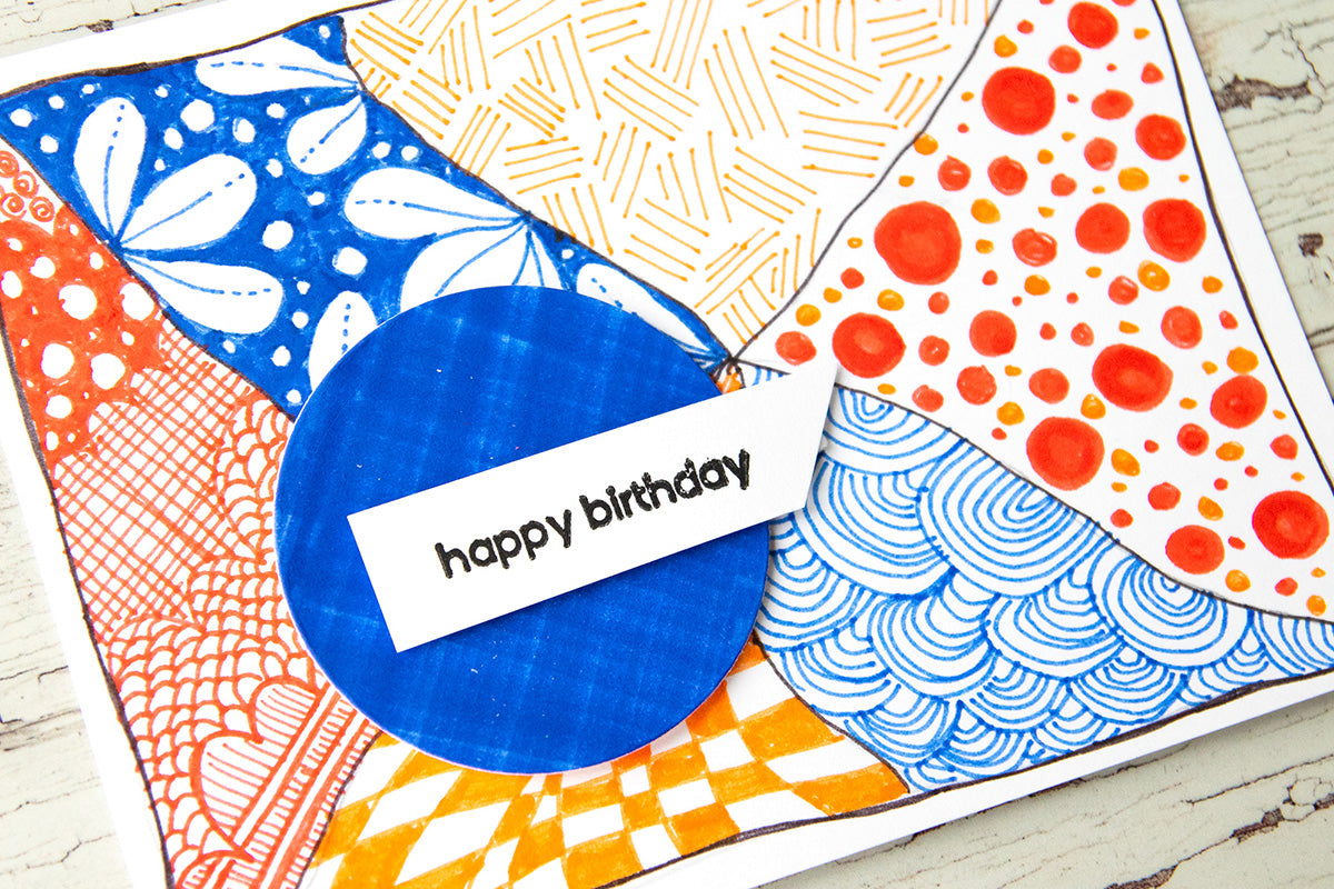 Colorful gender-neutral birthday card idea with Zentangle doodles