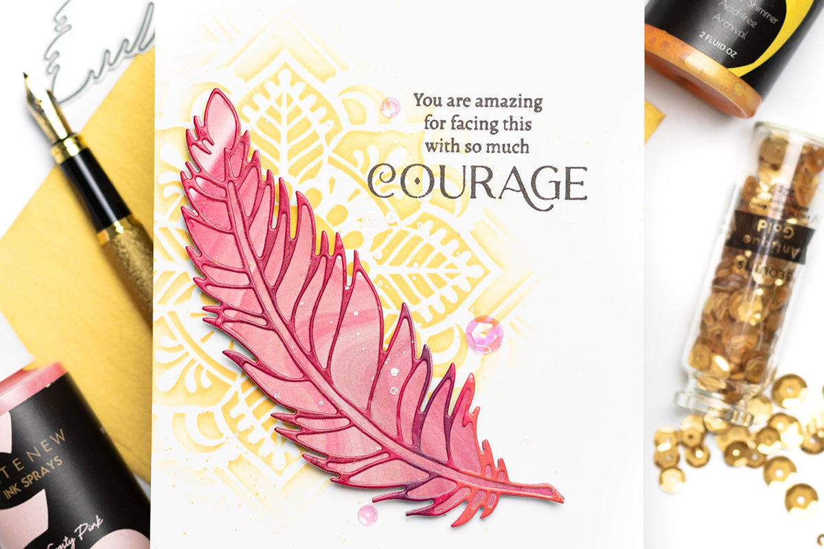 Simple sympathy card with a stenciled mandala design, a feather, and words of encouragement