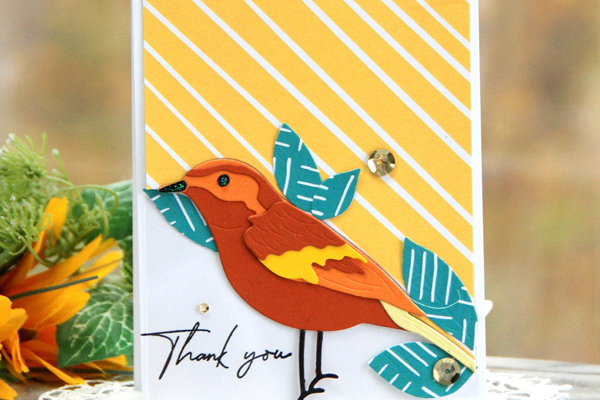 Thank you card with a 3D bird die-cut and yellow striped background