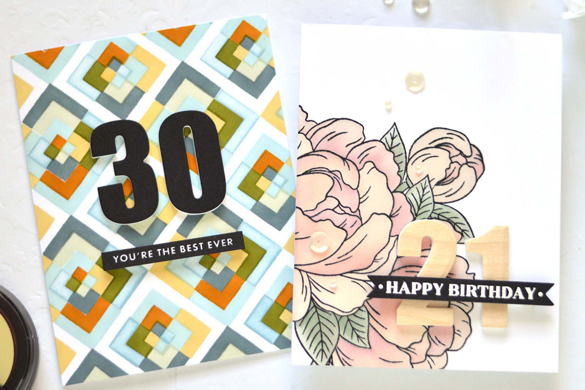 Two handmade birthday cards designed for 30 and 21-year-olds, respectively