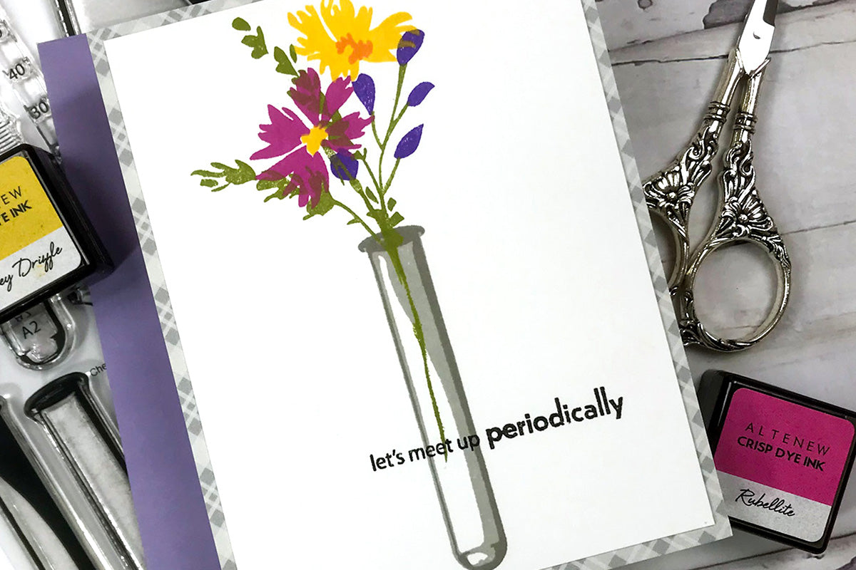 Clean and simple handmade card idea featuring flowers in a lab tube and the witty & punny greeting "let's meet up periodically"
