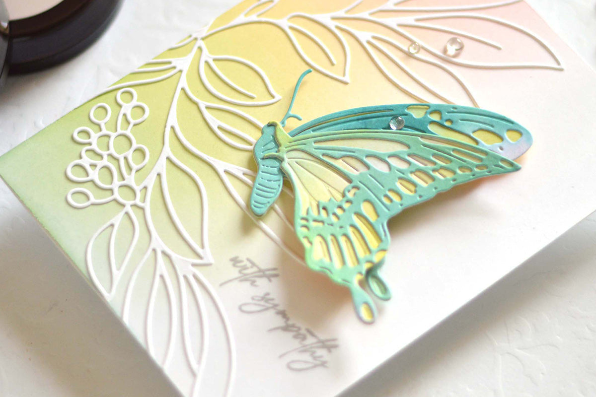 Easy sympathy card with a die-cut butterfly, foliage designs and an ink blended ombre background