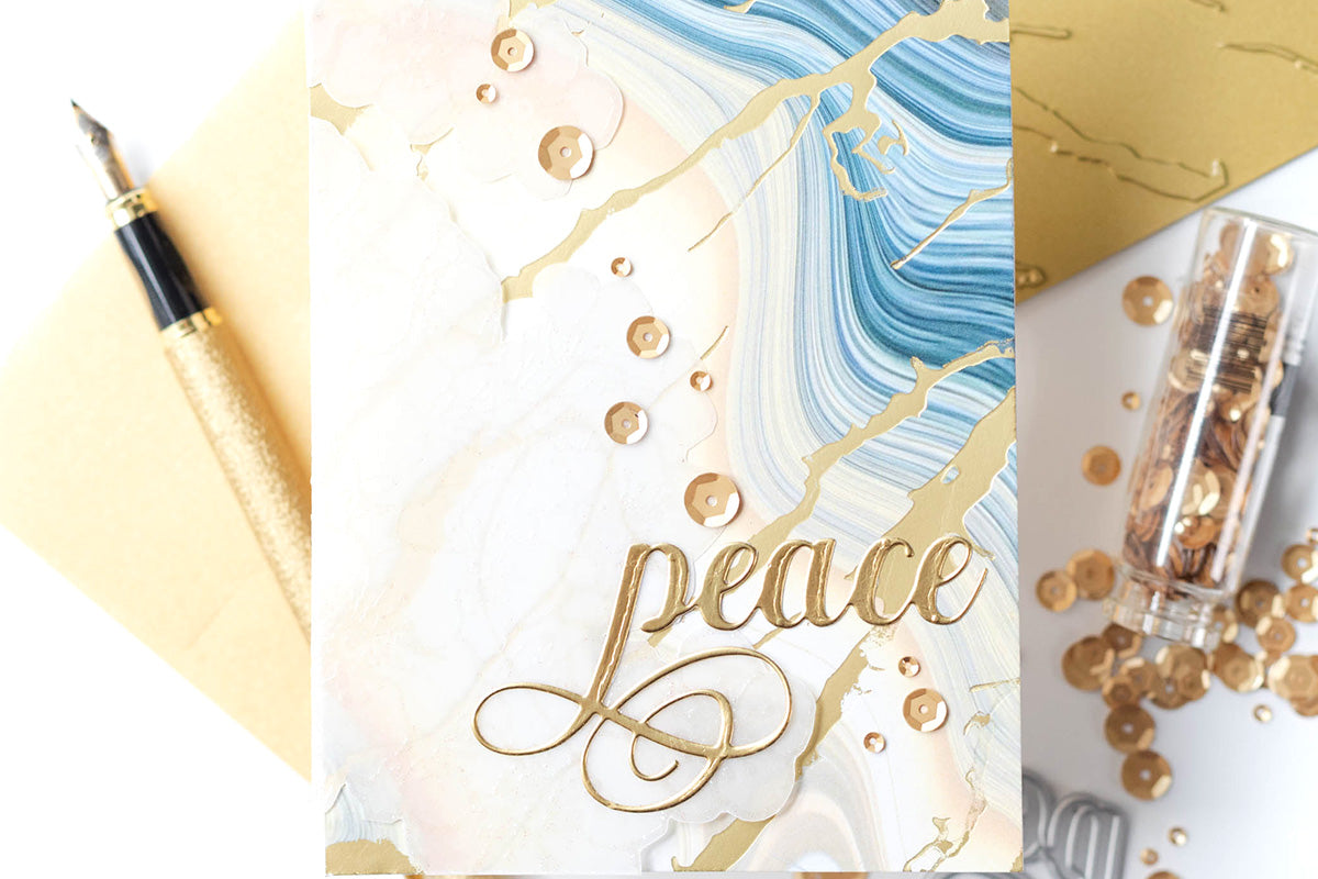 Elegant sympathy handmade card with marble and gold foiled details and elements