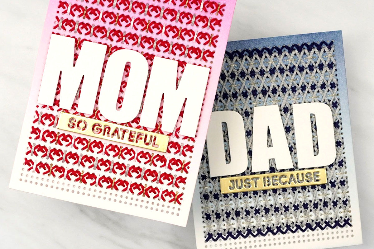 A set of paired cards with "Mom" and "Dad" die cut from large letter dies and respectively put on feminine- and masculine-designed backgrounds