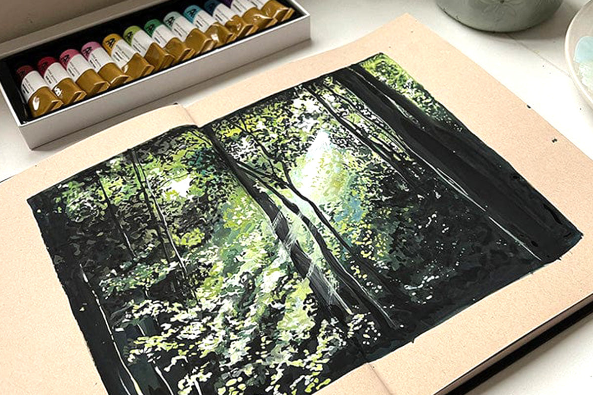 A realistic painting of a scenery deep in a forest, created with Artistry by Altenew's Artists' Gouache: Strolling Through New York