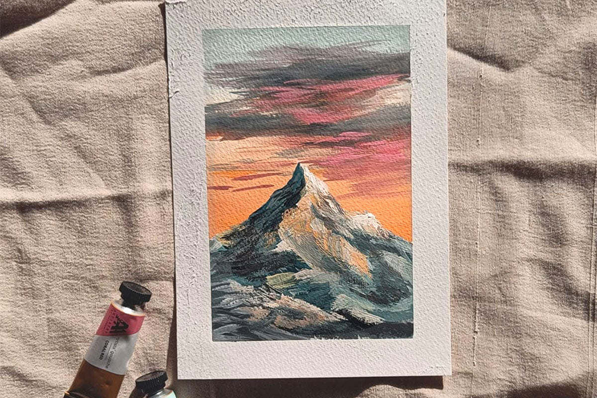 A painting of a mountain during a sunset, created with Artistry by Altenew's Artists' Gouache: Strolling Through New York