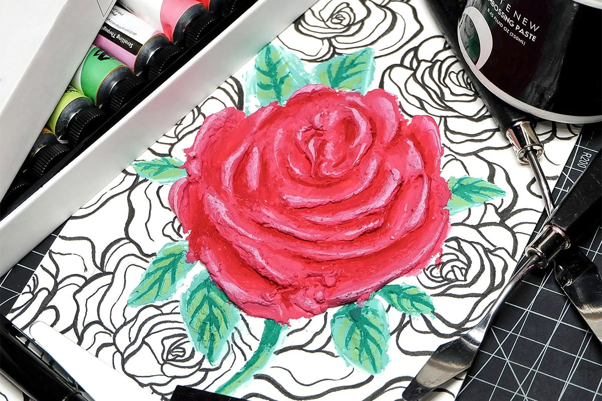 A rose mixed media painting created with Artistry by Altenew's Artists' Gouache: Strolling Through New York and embossing paste.