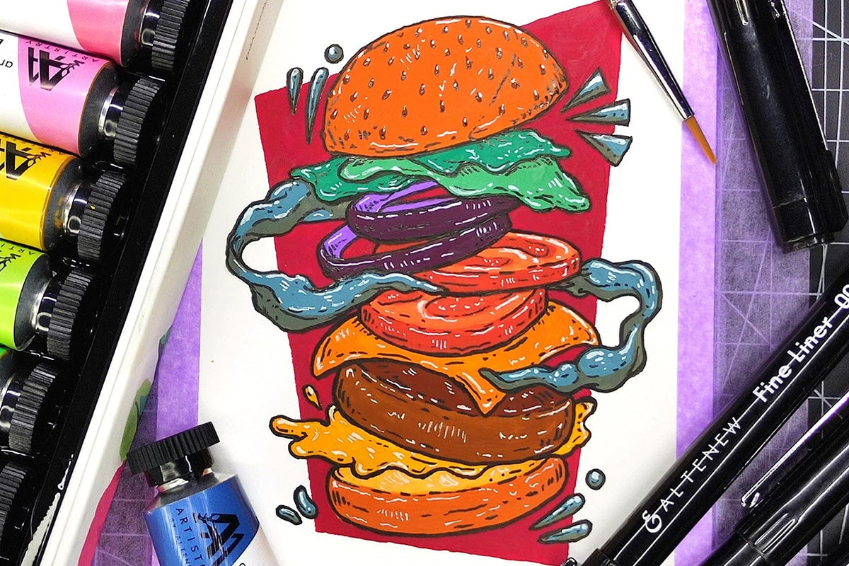 A semi-deconstructed painting of a hamburger, created with Artistry by Altenew's Artists' Gouache: Strolling Through New York