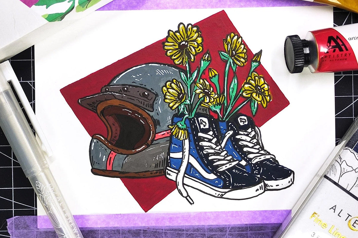 A painting of a motorcycle helmet beside two sneakers that are growing some daisies, created with Artistry by Altenew's Artists' Gouache: Strolling Through New York