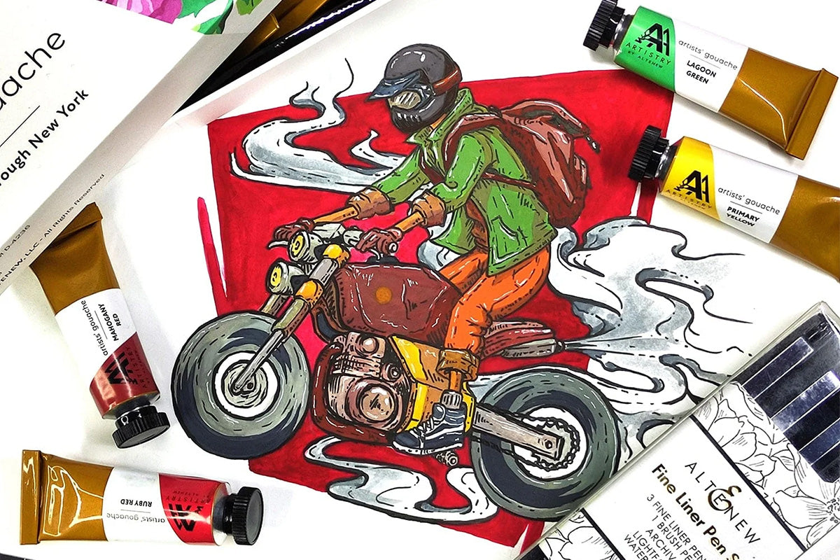 A painting of a rider in a green hoodie on a motorcycle, created with Artistry by Altenew's Artists' Gouache: Strolling Through New York