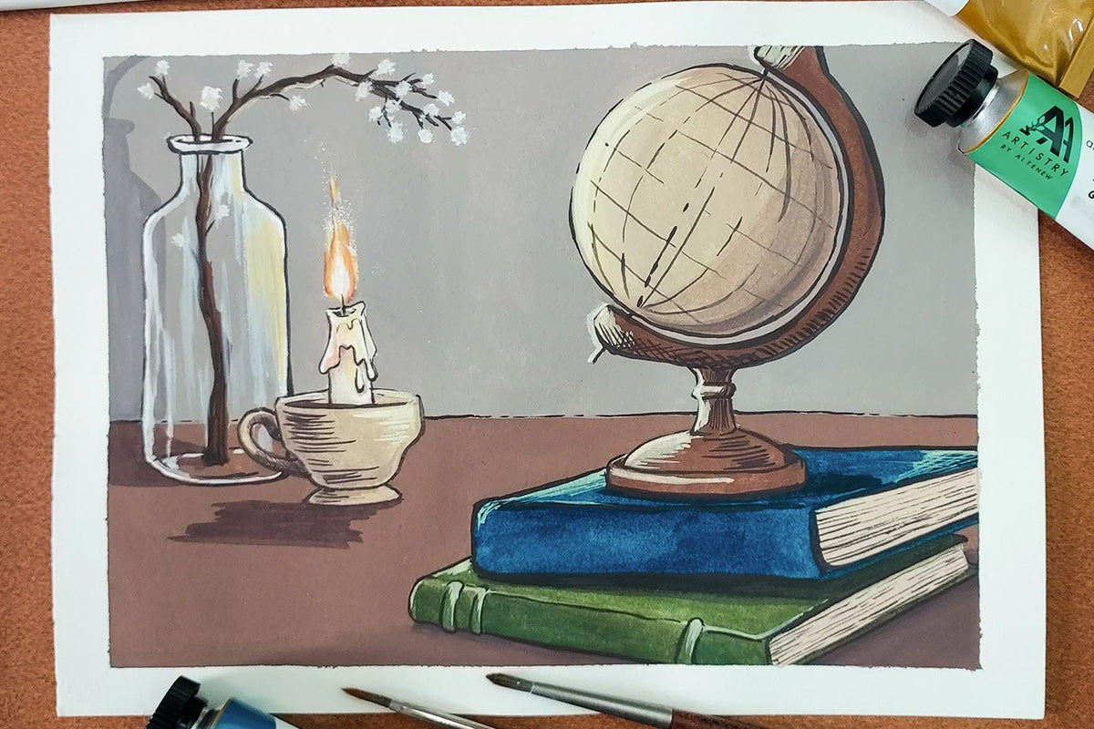 A painting of a desk with a globe on top of 2 books, alongside a glass jar with a decorative plant and a small lamp carrying a lit candle, created with Artistry by Altenew's Artists' Gouache: Strolling Through New York