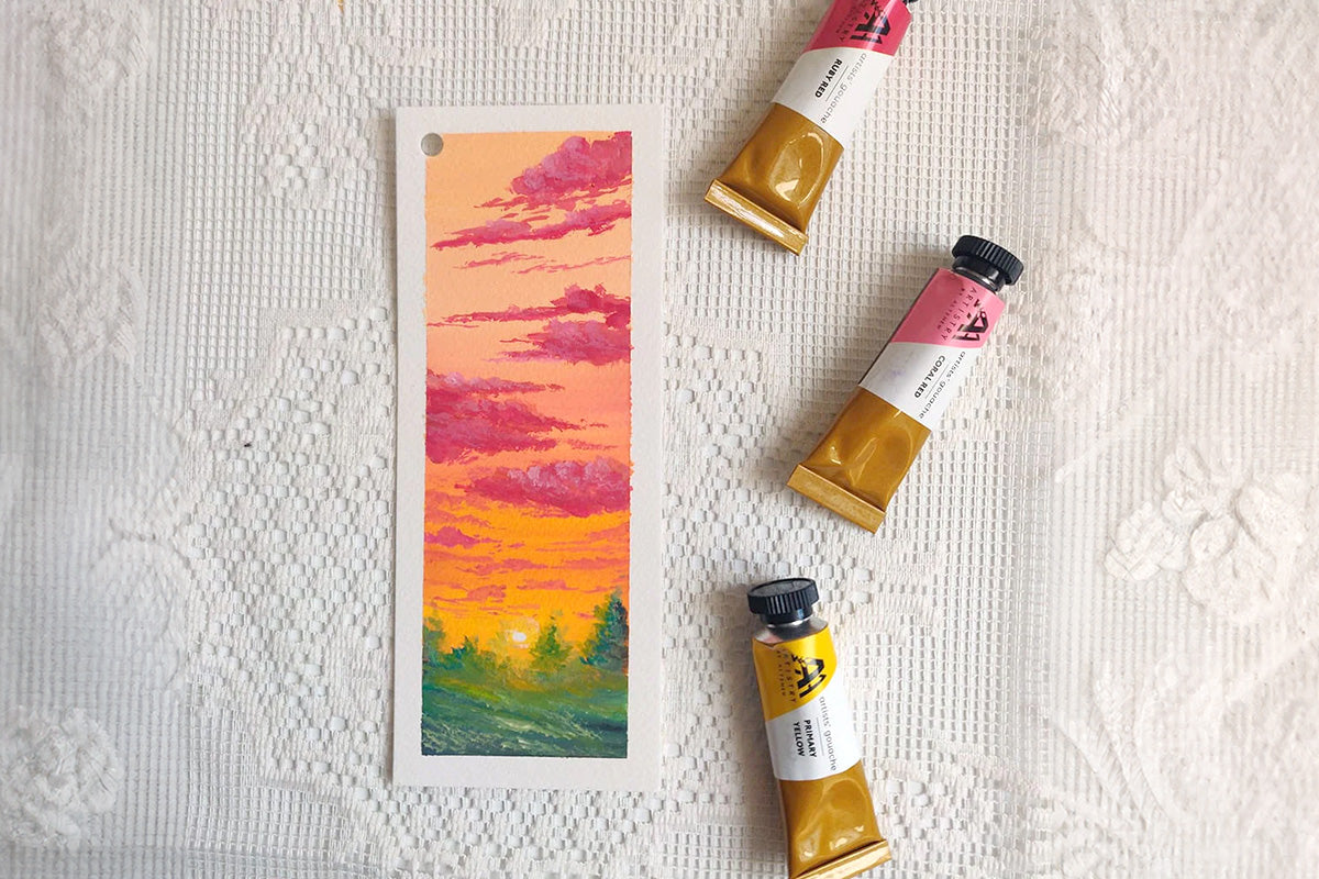 A bookmark with dazzling sunset scenery, created with Artistry by Altenew's Artists' Gouache: Strolling Through New York