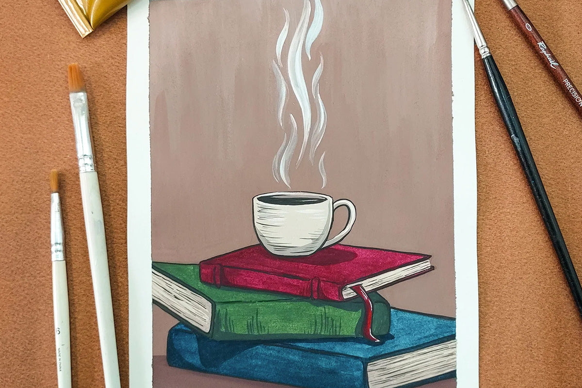 A painting of a cup of coffee on top of a stack of books, created with Artistry by Altenew's Artists' Gouache: Strolling Through New York