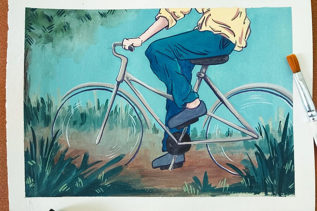 A painting of a man biking through a beaten path, created with Artistry by Altenew's Artists' Gouache: Strolling Through New York