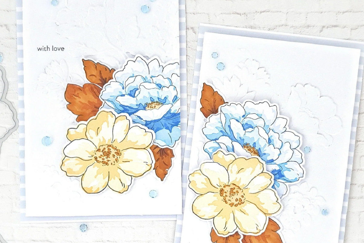 Two lovely clean-and-simple thank you cards with blue and golden blooms, created with Altenew's pigment inks