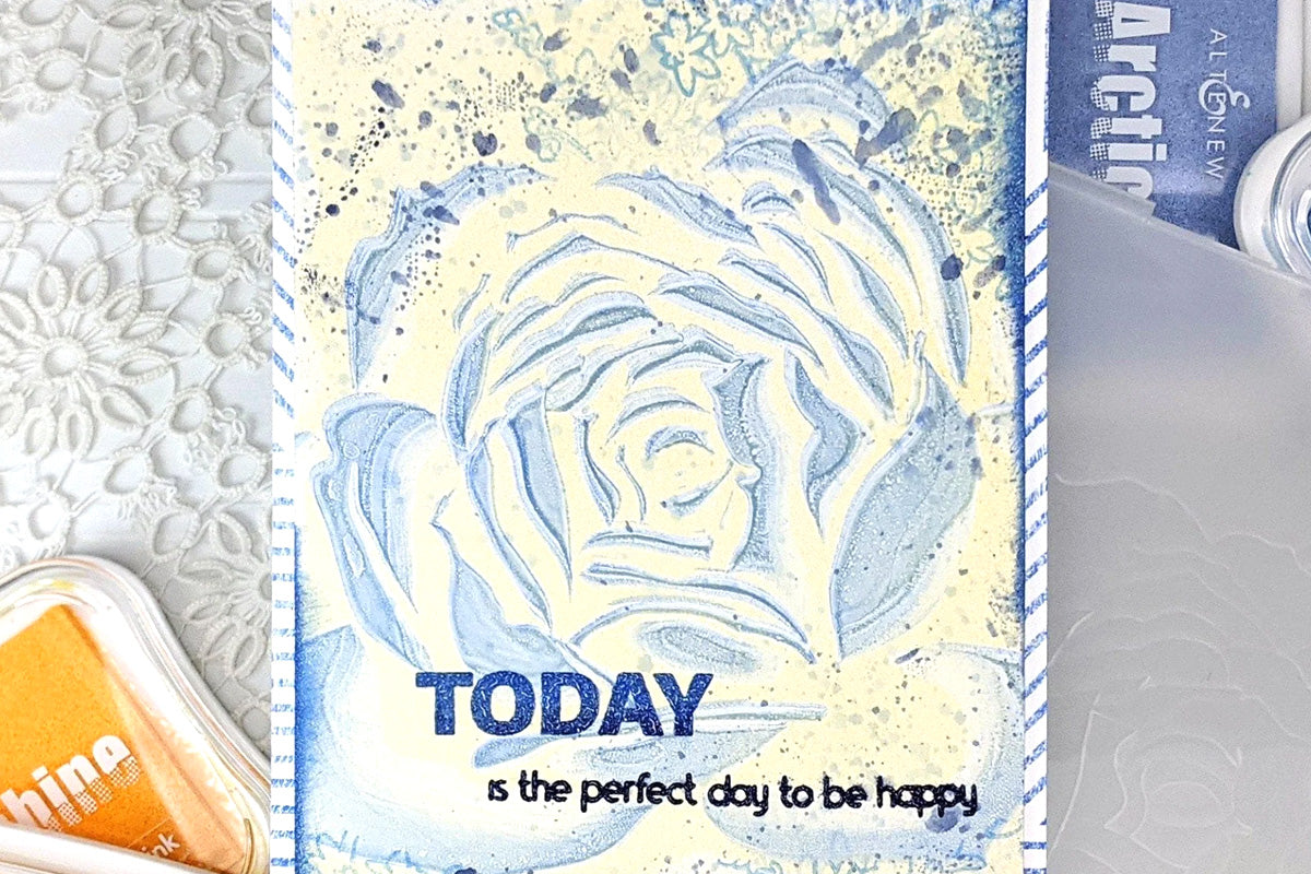 A greeting card with a  lovely 3D embossed floral background, created with Altenew's pigment inks
