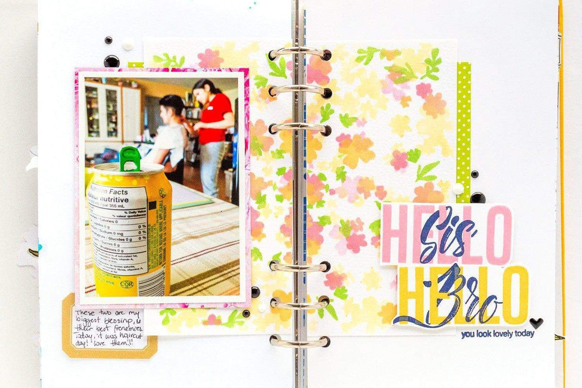 A scrapbook entry about a brother and sister, created with Altenew's pigment inks