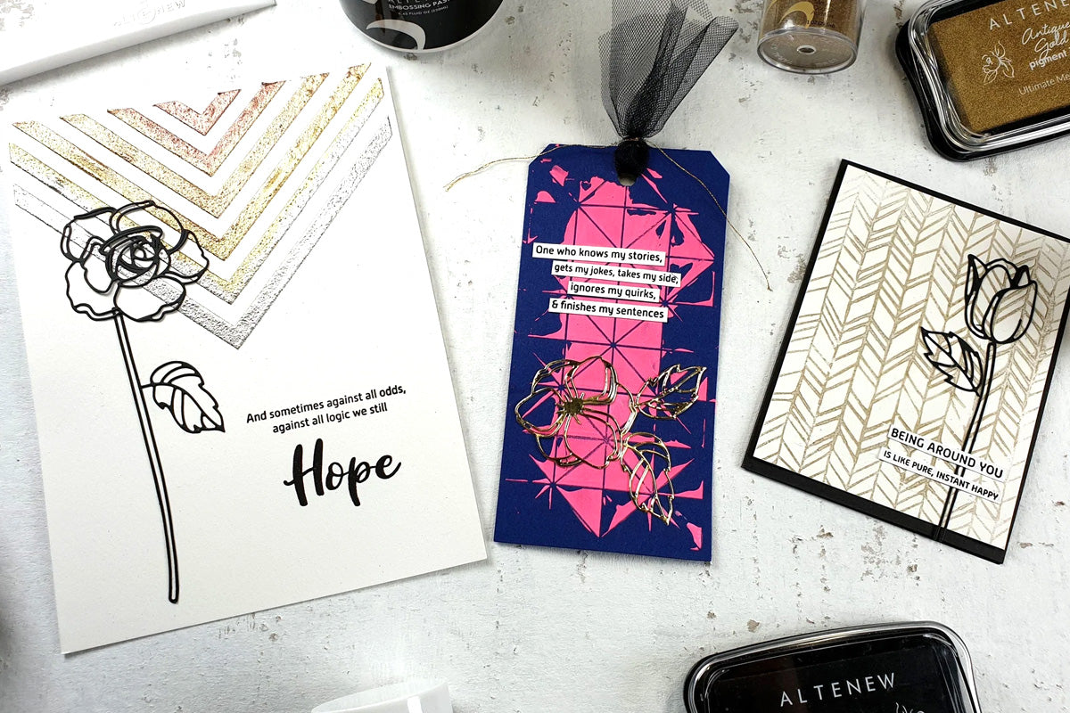 Two cards and a tag with florals and geometric designs created with Altenew's pigment inks