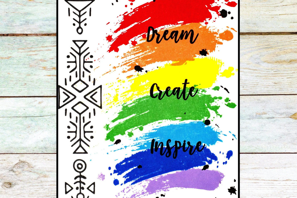 A "Dream, Create, Inspire" card with a colorful background and Aztec patterns and designs for the border, created with Altenew's pigment inks