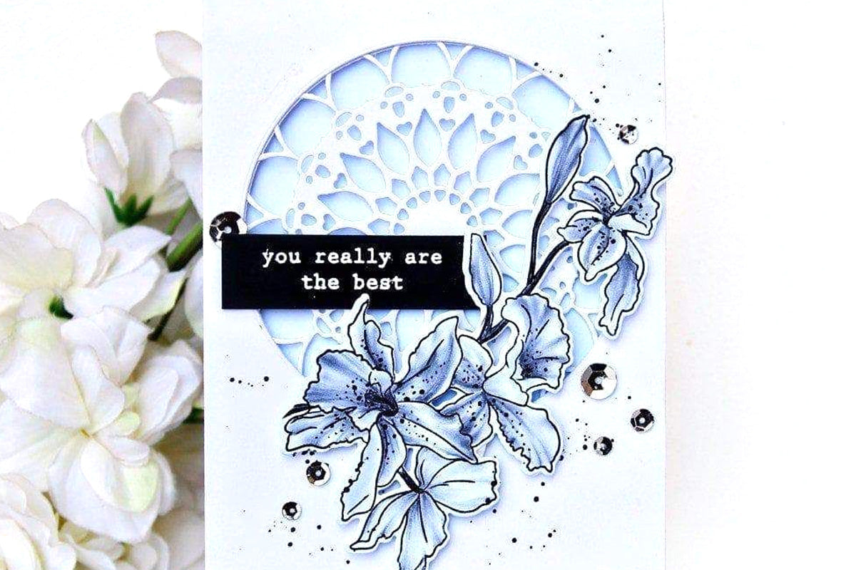 An intricately designed floral card created with Altenew's pigment inks