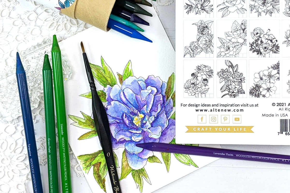 A page out of Altenew's adult coloring books colored in with Altenew Woodless Watercolor Pencils