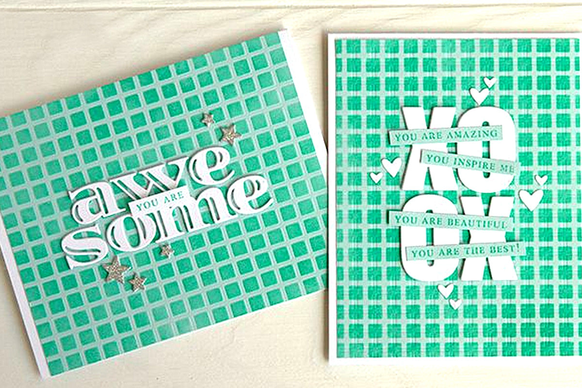 2 handmade cards with a stenciled grid pattern, made by Jennifer McGuire