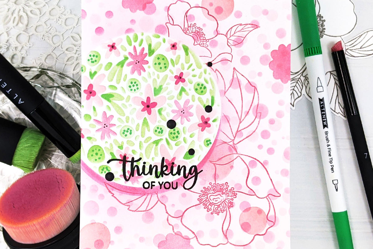 Pink and green floral card featuring a few coloring stencils and background stencils