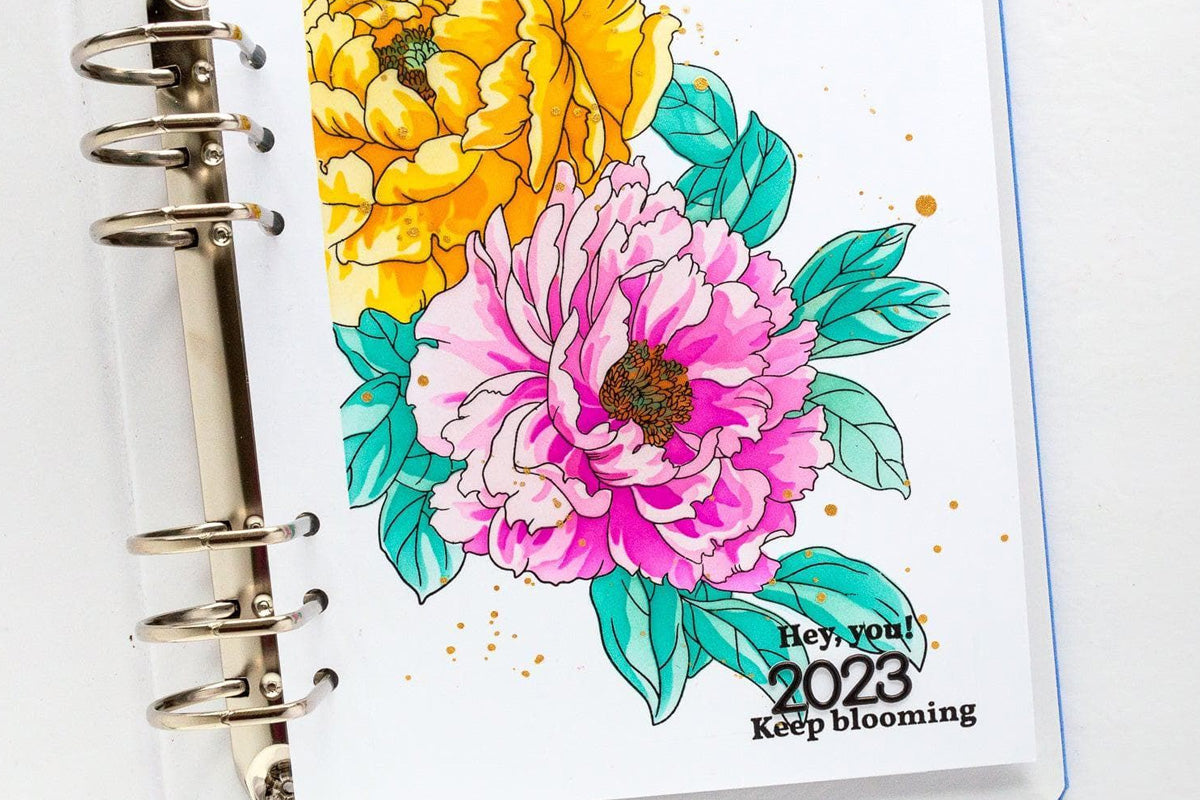 Floral journal page featuring yellow and pink stencil flowers, made with Altenew layering stencils
