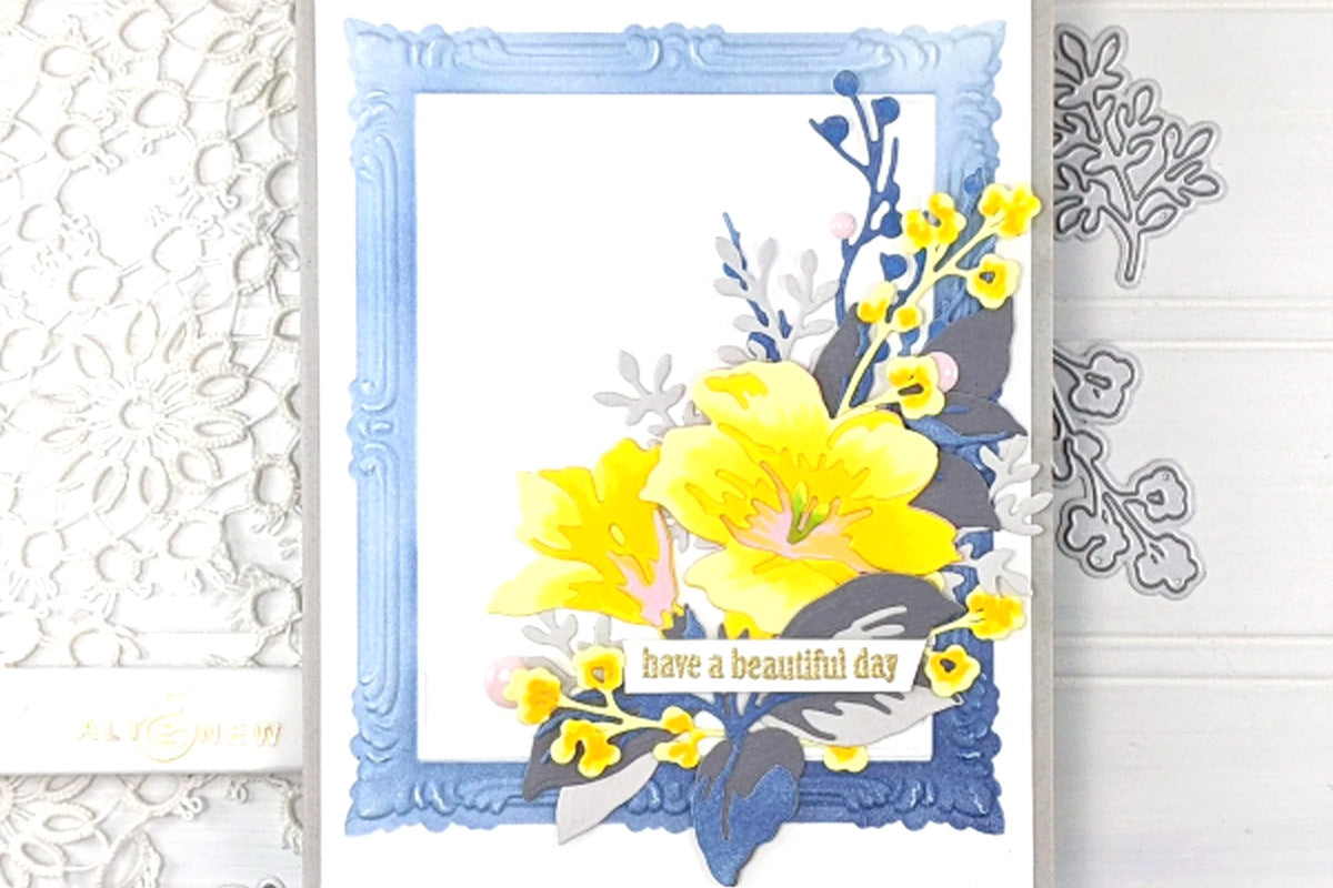 Floral handmade card with an ornate frame, made with Altenew 3D embossing folder and coloring stencil set