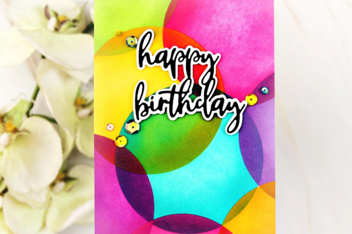 Vibrant birthday card with colorful circles, made with Altenew mask stencils