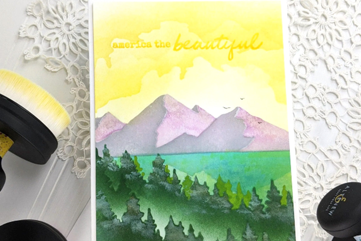 Faux painted mountain scenery on a handmade card, made with Altenew scene building stencil set and ink blending tools