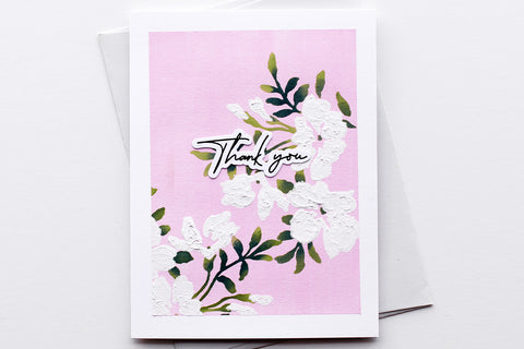 Clean and simple thank you card with white watercolor flowers, made with Altenew stencils and white gouache paints