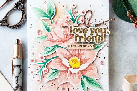 Friendship themed handmade card with peach-pink flowers from Altenew's Stencil Art Set