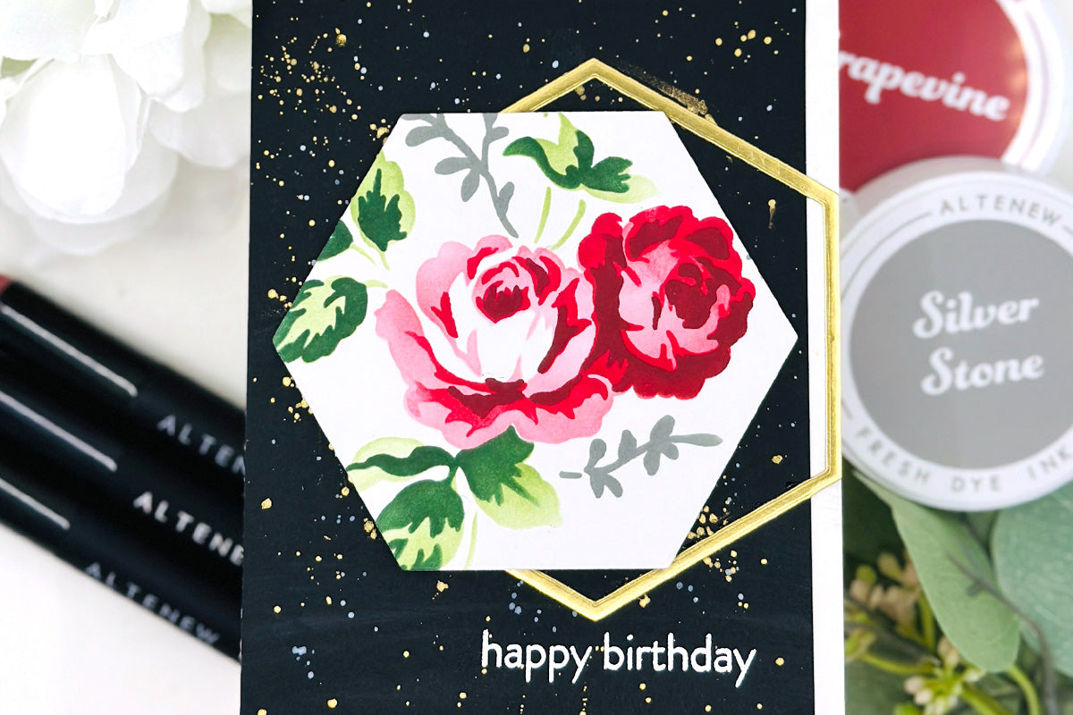 Elegant birthday card idea with red roses and black sparkly background, made with Altenew's Stencil Art crafting subscription set