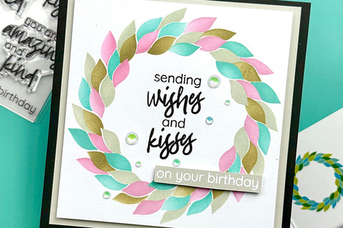 Colorful birthday card with a leafy wreath, made with Altenew's crafting subscription set