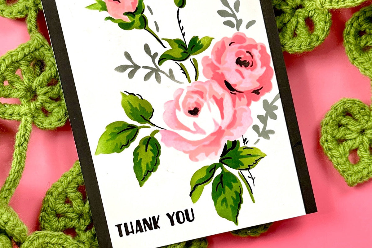 Clean and simple thank you card with pink stenciled roses, made with Altenew stencil art crafting subscription