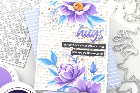 Handmade card with purple flowers and a grid background, made with Altenew Stencil Art Charming Delight Set