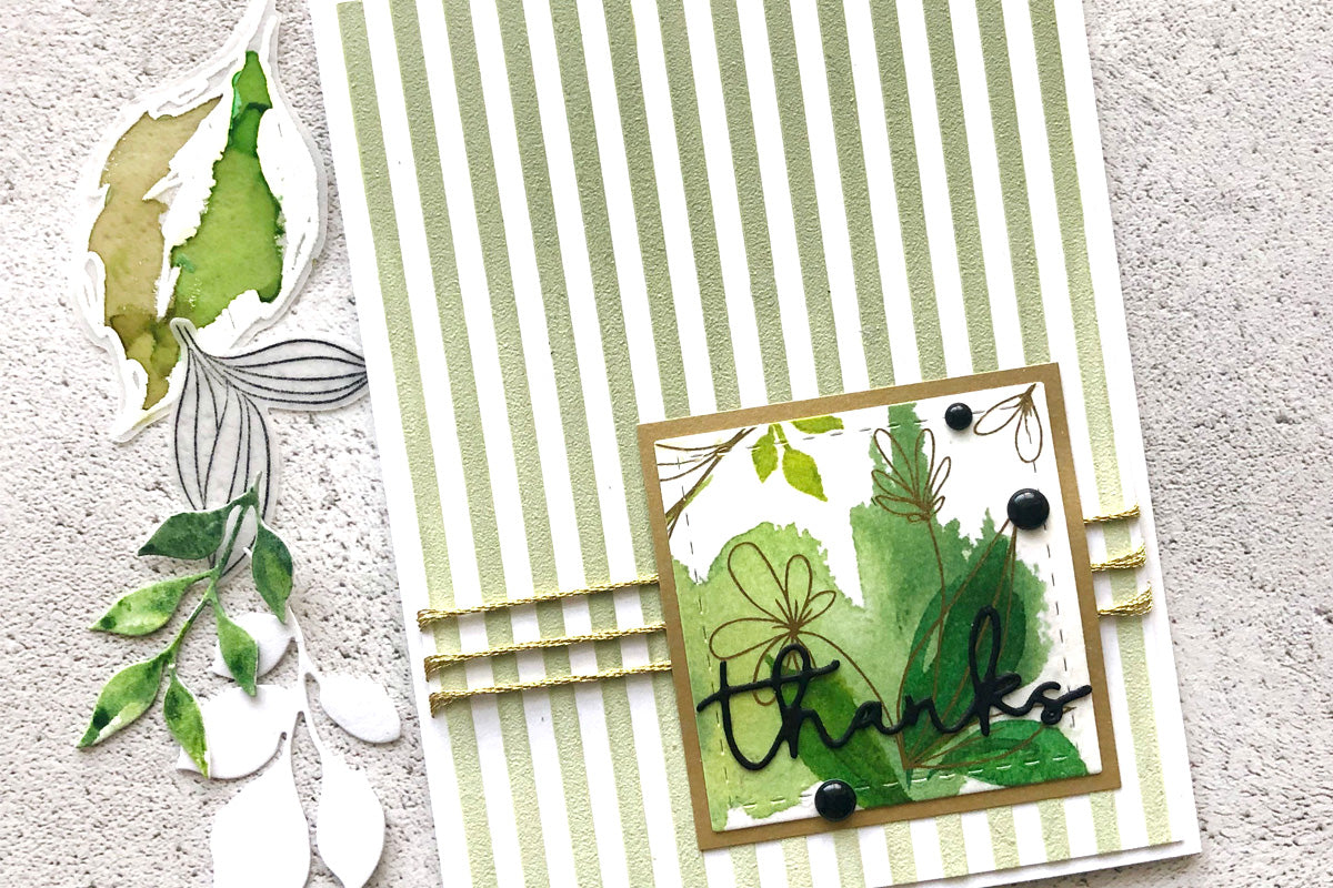 Green and gold custom greeting card with a striped background, featuring Altenew leafy washi tape