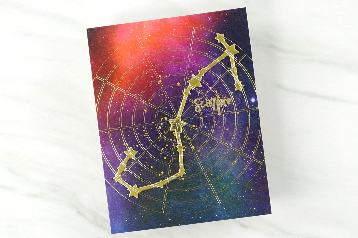 Unique masculine handmade card with a galaxy washi tape background and a constellation design