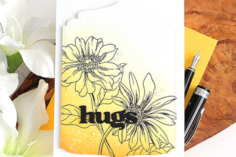 CAS greeting card with letterpress flowers and the sentiment "hugs" from Altenew Versatile Greetings