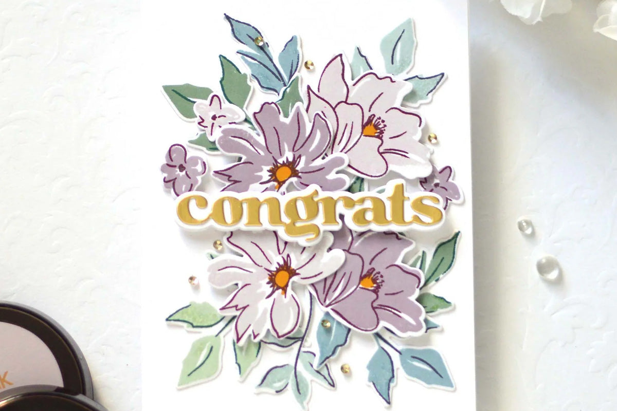 congratulatory card with purple flowers and the sentiment "congrats" foiled in gold