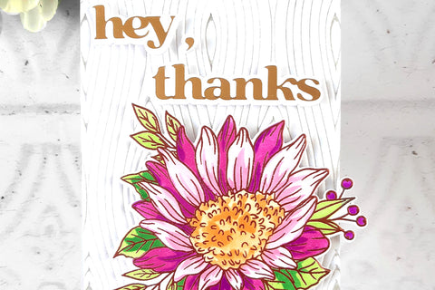 Beautiful thank you card idea with florals and 3D embossed woodgrain background