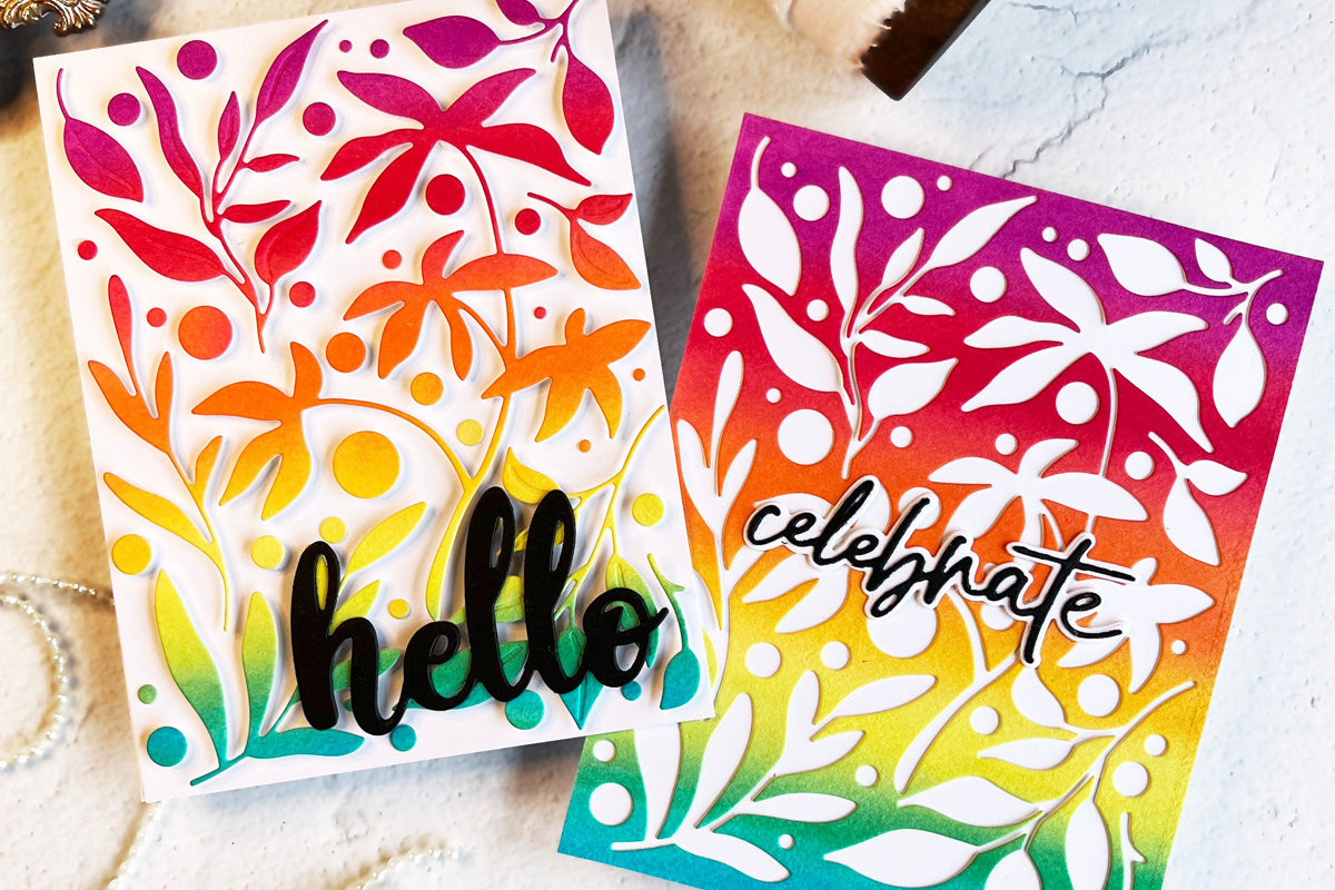 2 bright and colorful handmade cards featuring the positive and negative die cuts from Altenew's zero waste dies