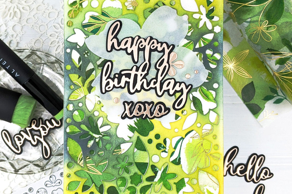 Green and gold birthday card made with Altenew's Zero-Waste paper crafting method