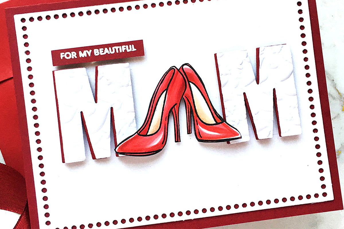 Cute Mother's Day card with the word "mom", the "o" is replaced by a pair of red heels