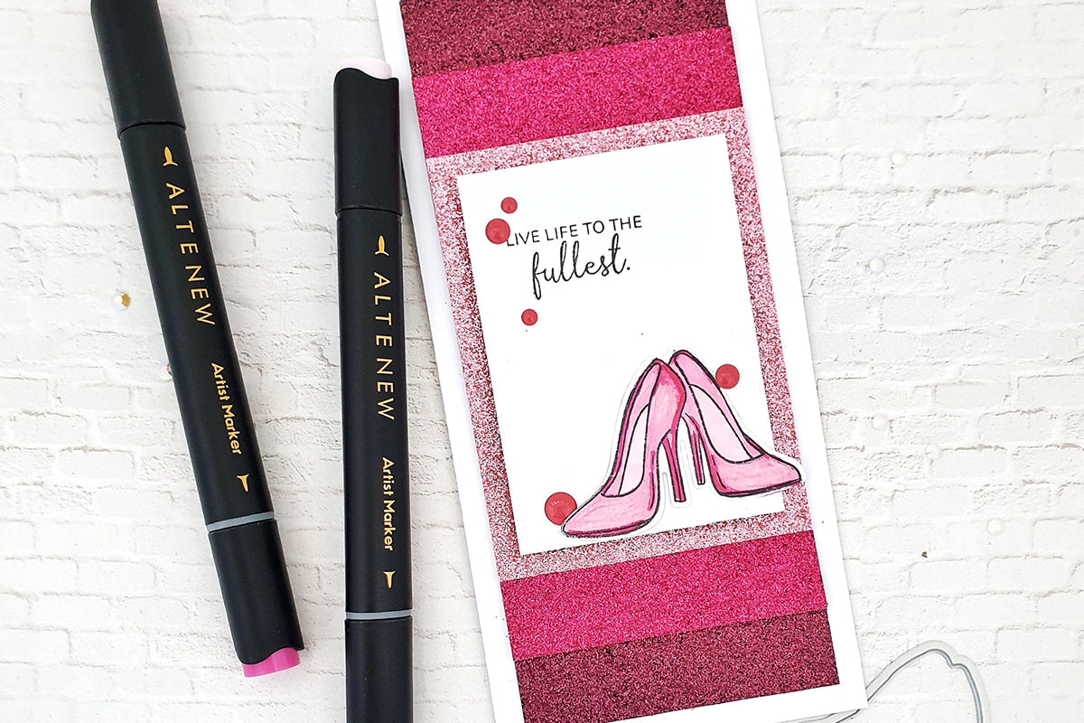 Pink Mother's Day card with a stamped image of pink heels, made with Altenew Glitter Cardstock