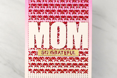 Pink ombre Mother's Day card with the word "mom" and "so grateful", with a stitched background