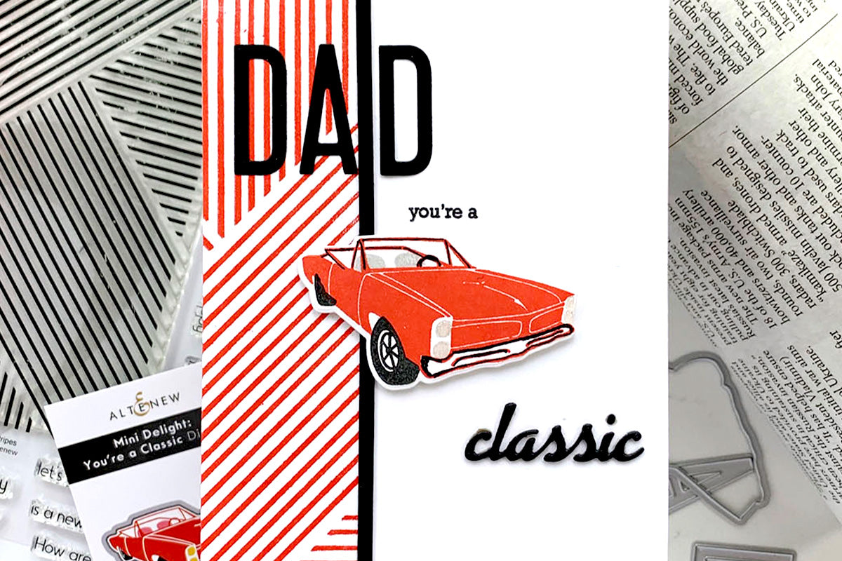 Handmade Father's Day card with a red convertible car and partial striped background