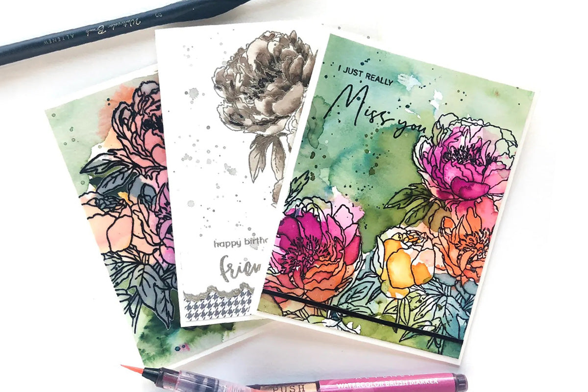 Three Cardstocks Painted With Liquid Watercolor. Floral Stamps Inked on Cards. Watercolor Brush Markers.