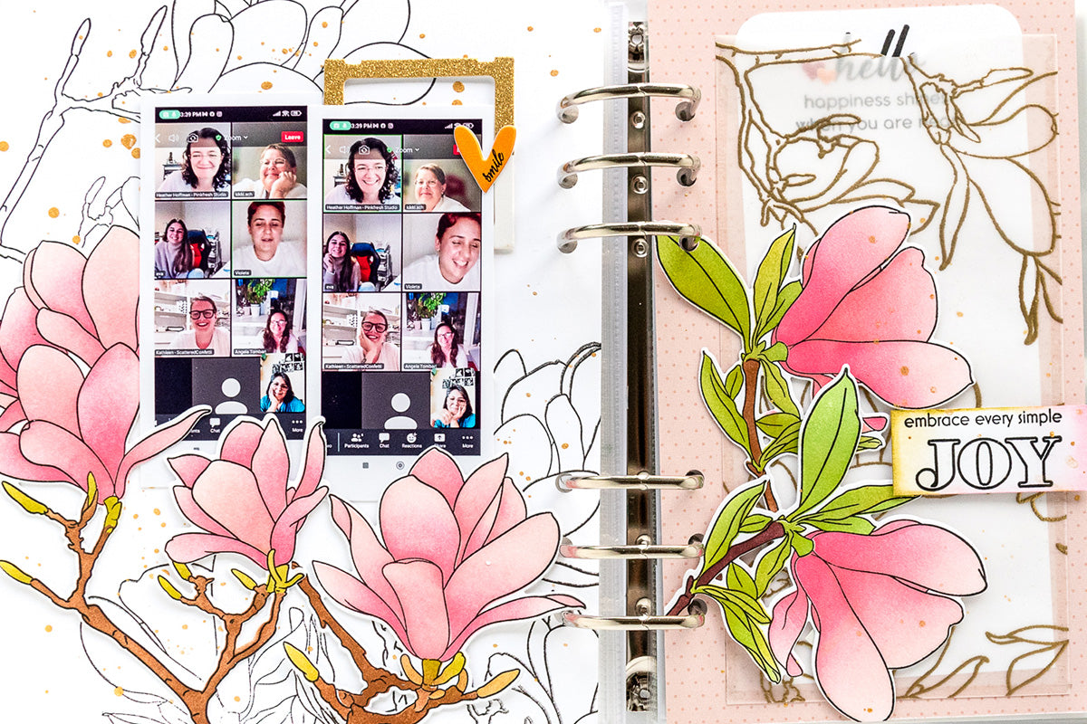 A memory keeping journal page decorated with large pink flowers and a photo of a video conference call between paper crafters